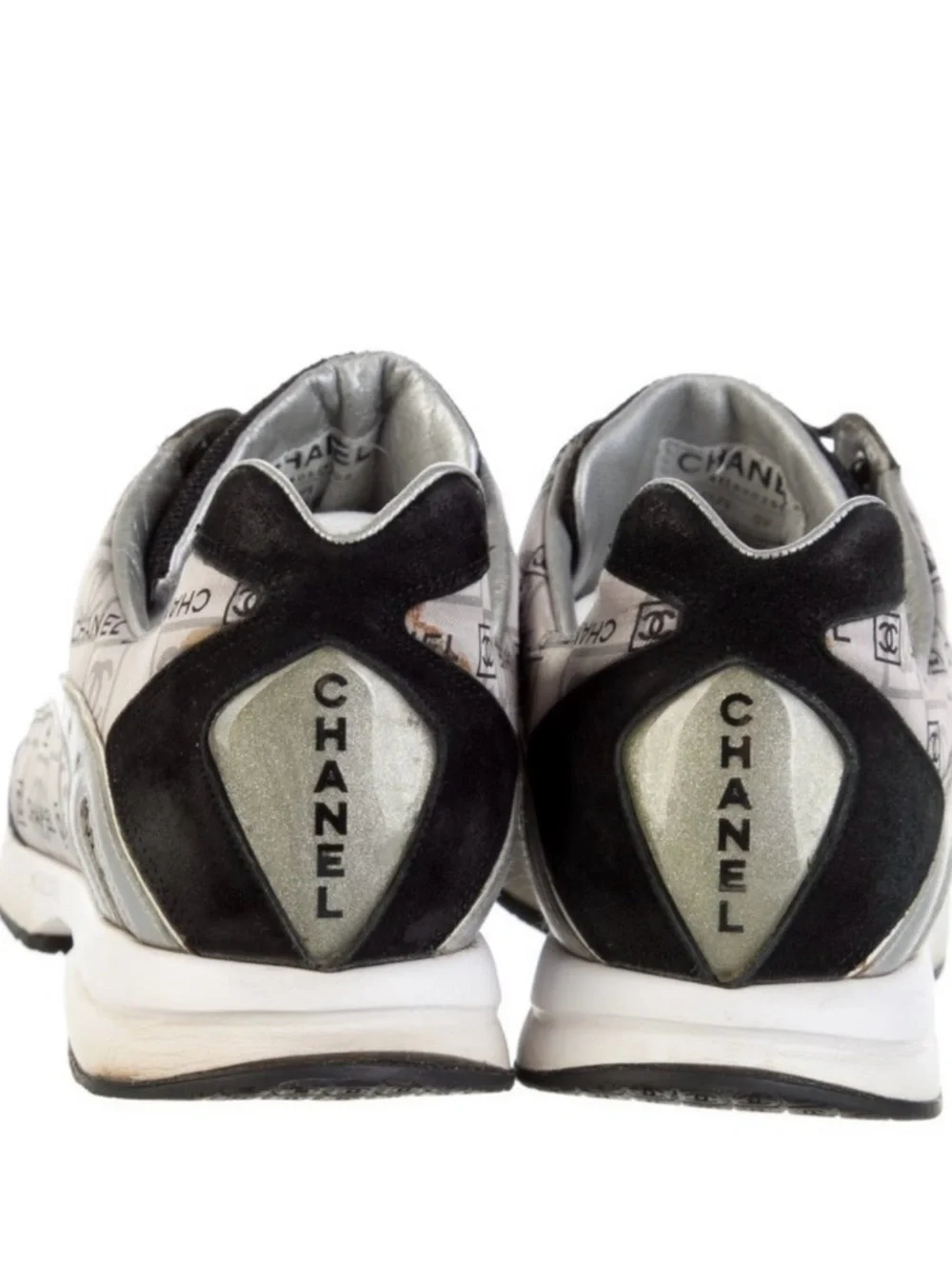 CHANEL Black & Silver Logo-Print Sneakers. Sz 39/9. Comes with dustbag